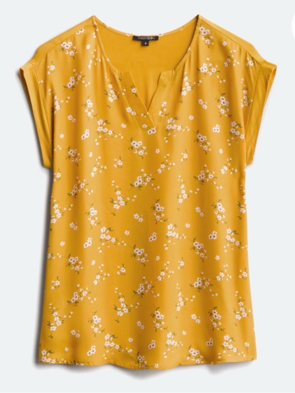 Mustard Floral Split V-Neck Cap Sleeve Top